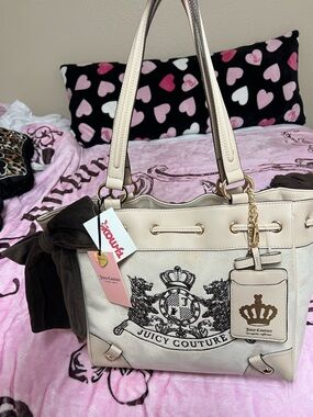 Juicy Couture Cream and Brown Tote with Crown Crest